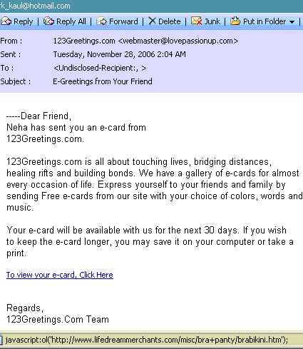 Junk email pretending to be from 123greetings
